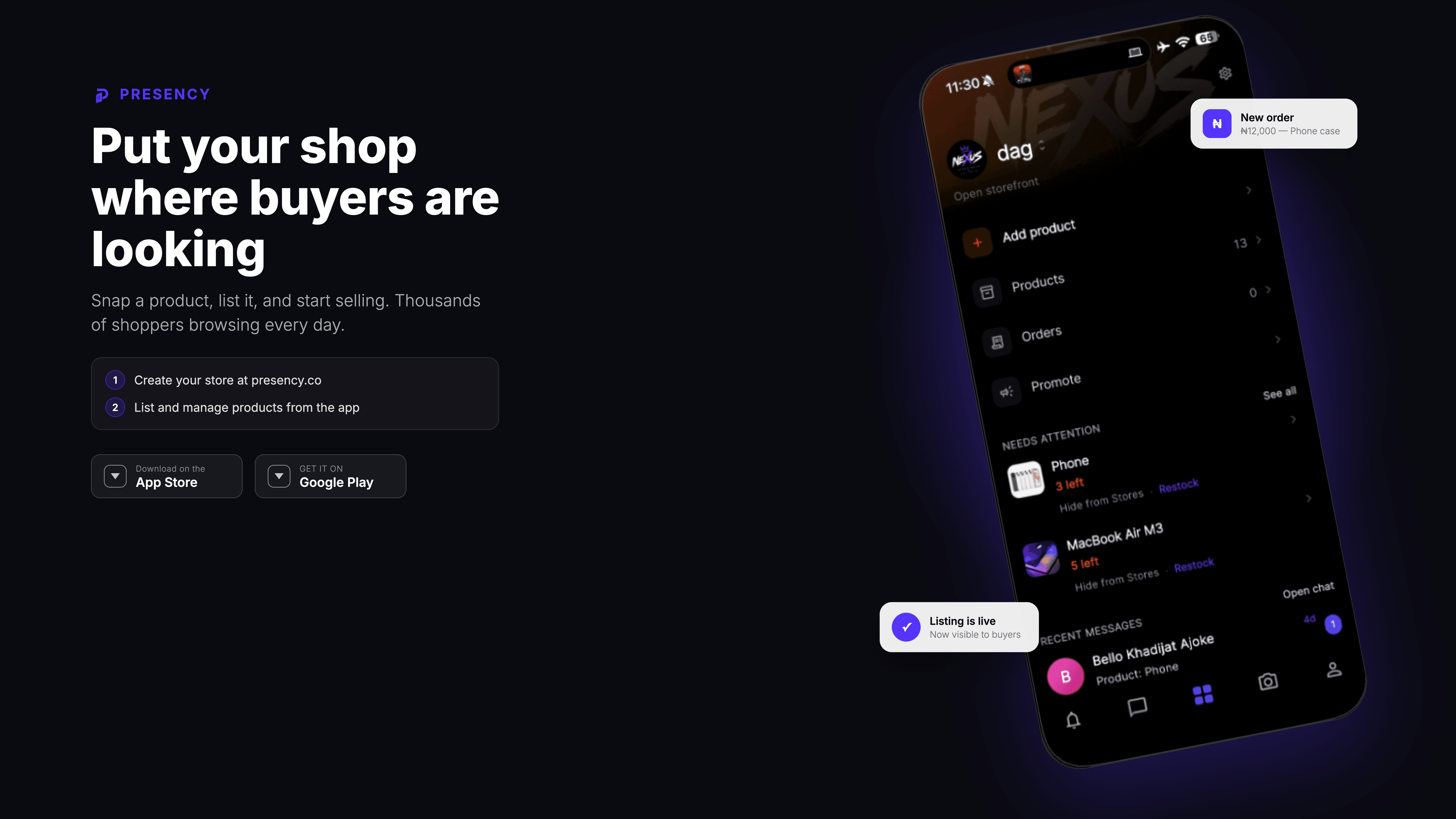 Presency Stores - Seller marketplace discovery